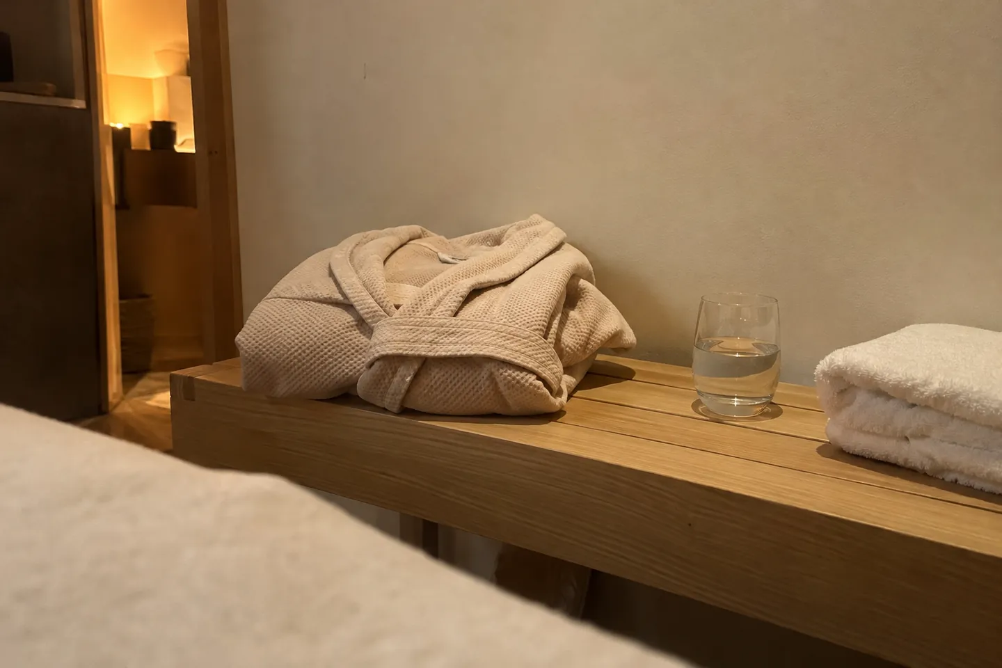 A folded linen robe and a towel on a wooden bench in a warm, quiet room