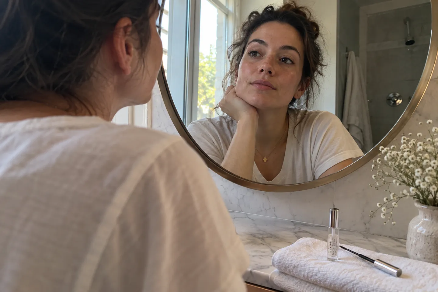 A woman looks into a round bathroom mirror beside a small bottle of lash serum