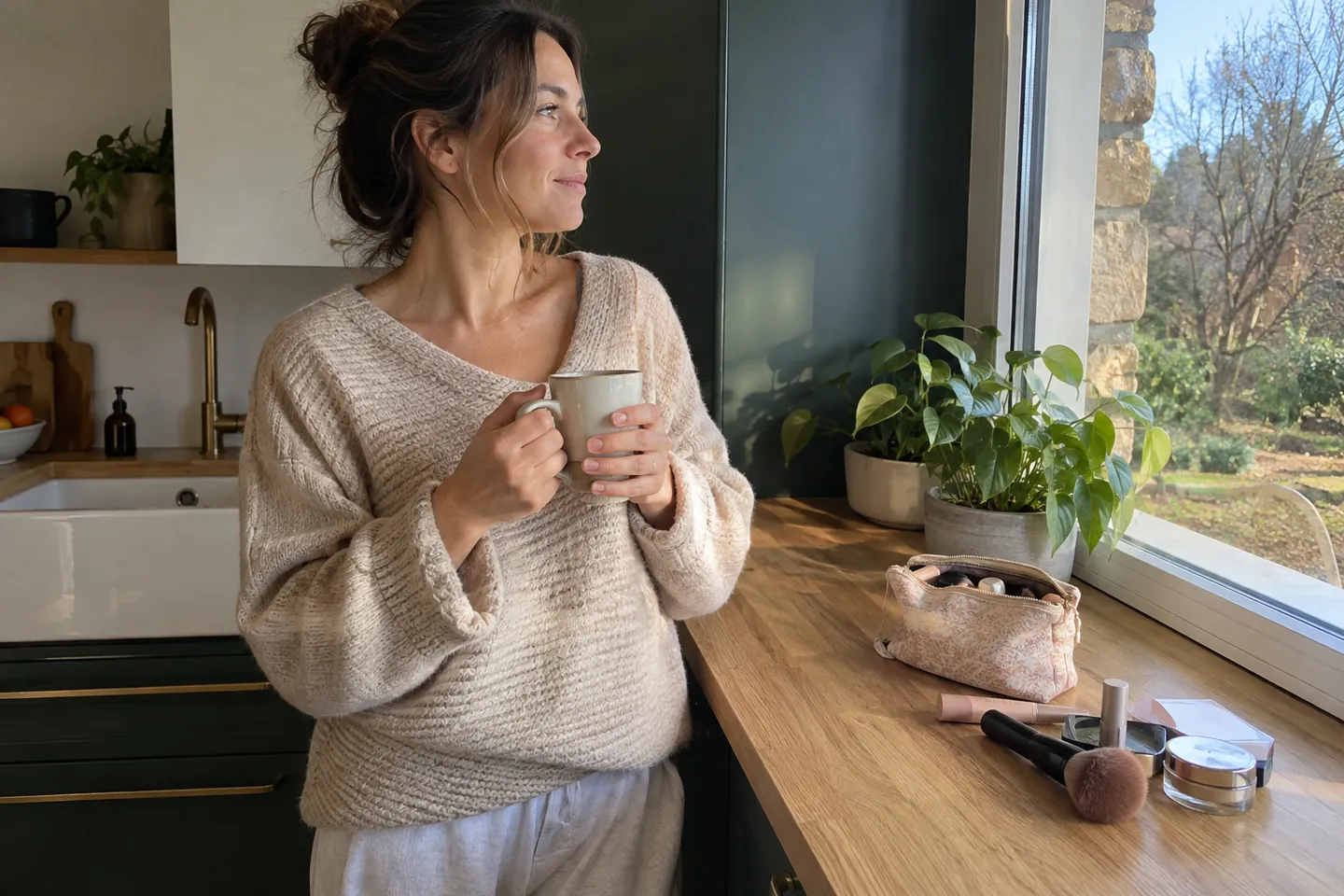 A woman stands at a kitchen counter in the morning holding a mug