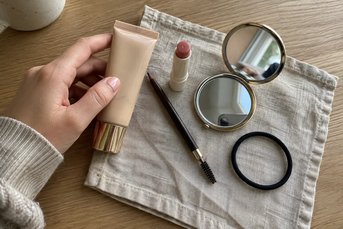 Flat-lay of a tinted moisturizer, lip balm, brow pencil, compact mirror and hair elastic