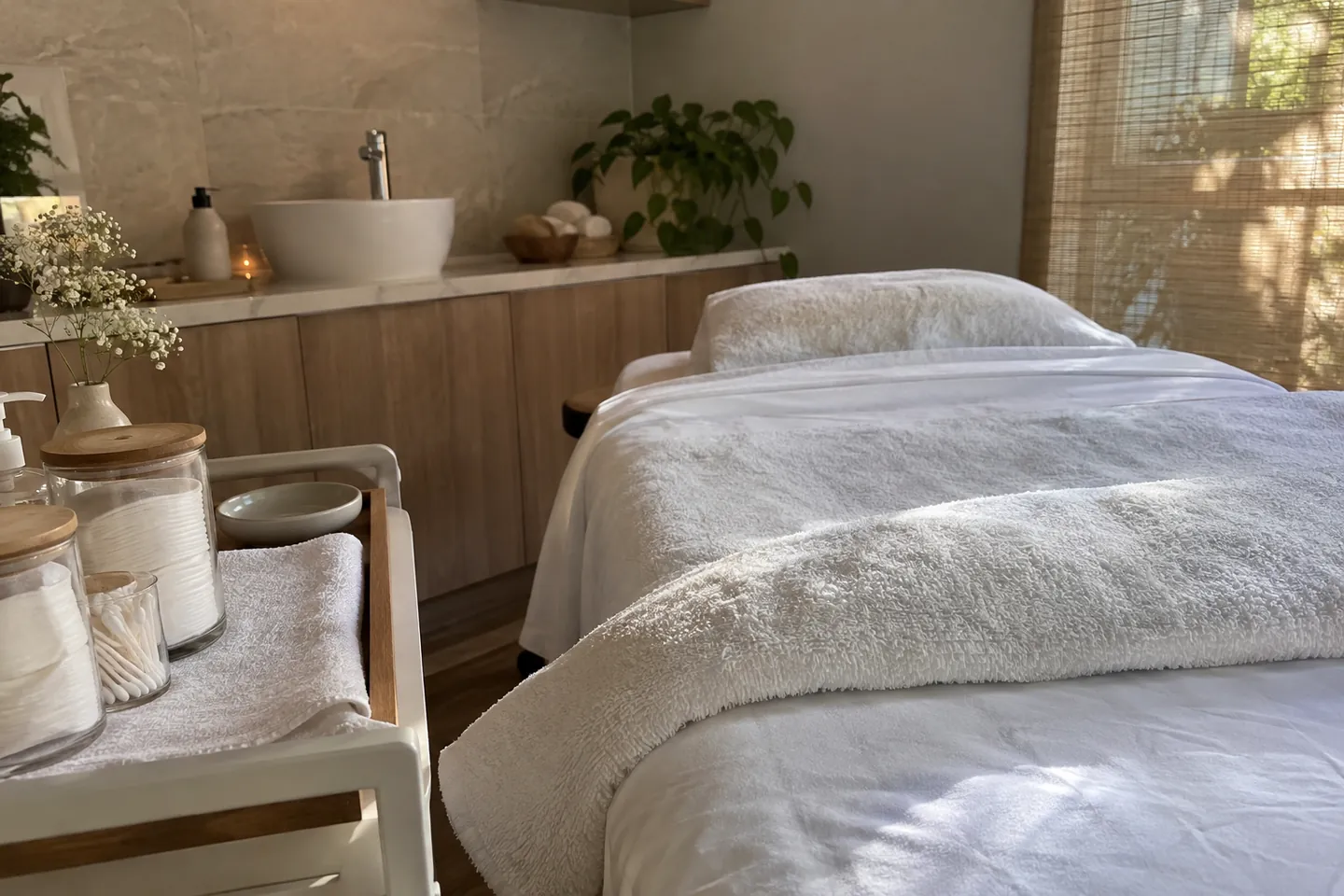 A treatment room with a clean, neutral skin-care setup ready for a session