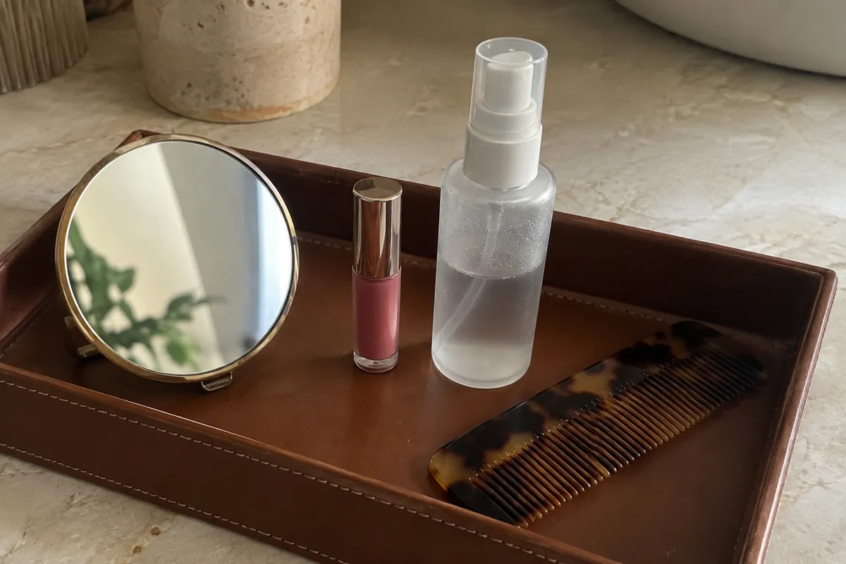 A compact beauty kit on a leather tray: mirror, lip tint, setting spray and a comb