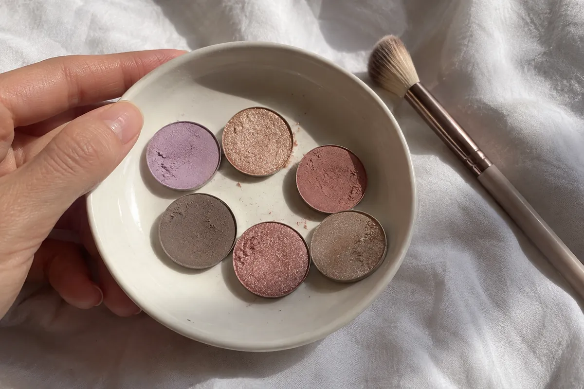 An open palette of lavender, peach and rose eyeshadows with a blending brush on a white cloth