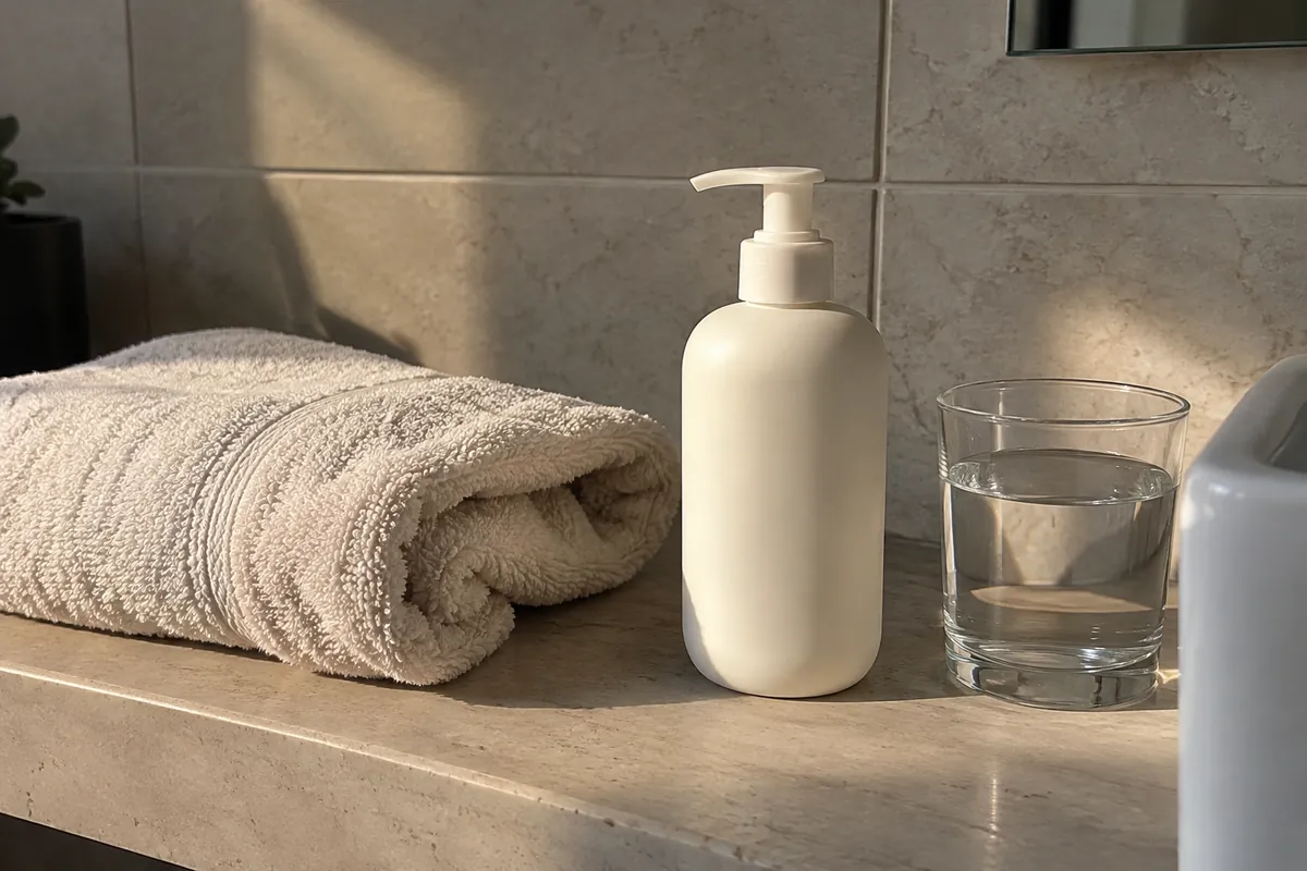 A soft towel, a fragrance-free moisturiser and a glass of water on a bathroom shelf